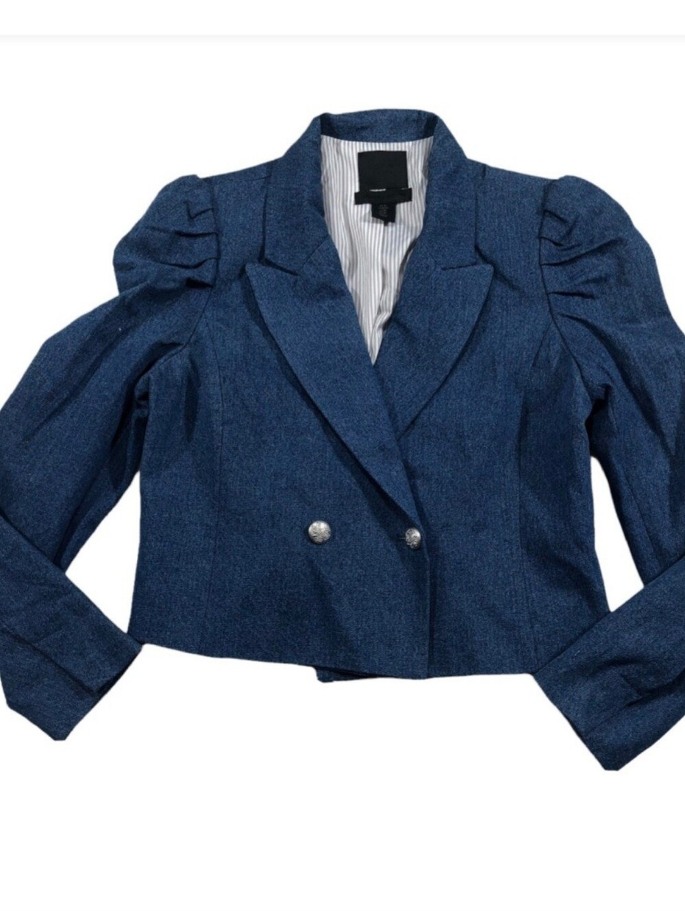 500 Maison Cinqcent Cropped Navy Blue Puff-Shoulder Blazer